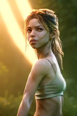 Shakira artist, Realistic image, natural waist up portrait, natural busty , perfect eyes, glow, circle iris. concept art, smooth, unreal engine 5, god lights, ray tracing, RTX, lumen lighting, ultra detail, volumetric lighting, 3d, finely drawn, high definition, 4k.