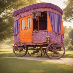 Old fashioned purple, orange and pink gypsy wagon decorated, curtains fluttering in the wind