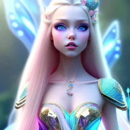  beautiful, soft, whide smile face,whole head, long blonde straight hair, blue eyes, fairy wings on the back, transparent crystal blue and pink clothes, background blue and pink, big definition, 8K