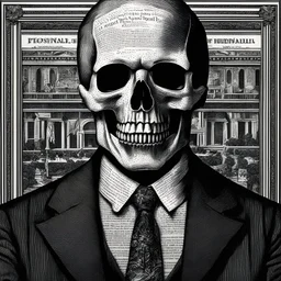 wall street journal style ,head and shoulders, engraved, HEDCUT, PORTRAIT OF THE GRIM REAPER AS PRESIDENT OF THE UNITED STATESr PRESIDENTIAL rendition of a skeleton dressed in a three-piece suit, very formal, as the president of the united states, united states one dollar bill, presidential, highly detailed matte painting, meticulous, dark colored tie, engraved, based on the one dollar bill, fine line, fine detail, classic, has sharp dangerous teeth, inked in greens