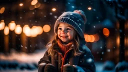 Little girl with christmas lights enjoying the holidays outdoors in snowfall. Happy cute child girl playing with Chistmas festive lights. digital ai