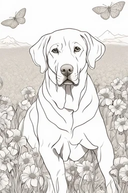 Portrait of a golden lab in a lively field of marigolds, mature coloring artwork, contour, vector, clean line art, white background, detailed, black and white, in the style of kalamkari design