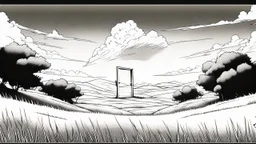 unhinged door, anime, monochrome, black background, ink, simple, maximum quality, broken hinge, barely functioning, centered on frame, far view, in the middle of a grassy hill, white sky with cumulonimbus
