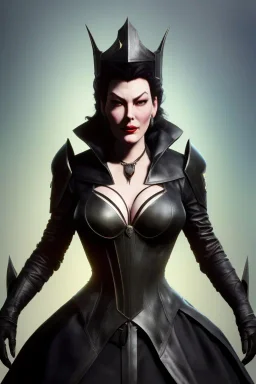 Ava Gardner as evil queen in black leather, busty, cleavage, curvy, angry, stern look. character design by cory loftis, fenghua zhong, ryohei hase, ismail inceoglu and ruan jia. unreal engine 5, artistic lighting, highly detailed, photorealistic, fantasy