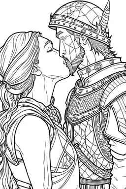 Fantasy coloring page, minimal detail. HD. Woman kissing a male knight with a beard. No background detail.