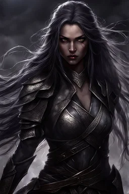 SA female elf with skin the color of storm clouds, deep grey, stands ready for battle. Her long black hair flows behind her like a shadow, while her eyes gleam with a fierce silver light. Despite the grim set of her mouth, there's a undeniable beauty in her fierce countenance. She's been in a fight, evidenced by the ragged state of her leather armor and the red cape that's seen better days, edges frayed and torn. In her hands, she grips two daggers, add dark shadow mystic purple flames