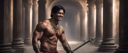 Hyper Realistic shirtless muscular handsome short black hair Indian King smiling & holding sword in a huge dark haunted hallway with traditional pillars