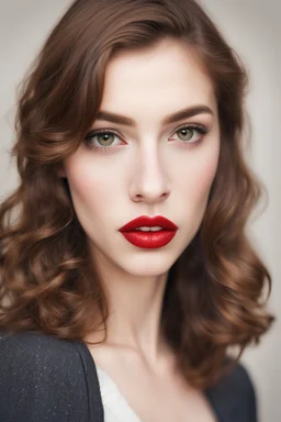 a portrait of a girl with brown hair and large brown eyes and big red lips in her 20s