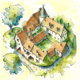 aerial view watercolour drawing of a medieval house in the style of art novel and torat