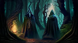 The hooded sorcerer and the king in the forest