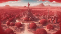 Wide-angle photorealistic fantasy landscape of unearthly delights, red tones