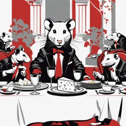 Vector illustration of a (((large rat sitting))) at a banquet table, eating a (((large cheese))), sitting at the same table, (((other rats watching the large rat eat))). White, red and black colors. Banksy style