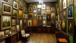 room with a lot of paintings on the wall, room of the unnamed painter