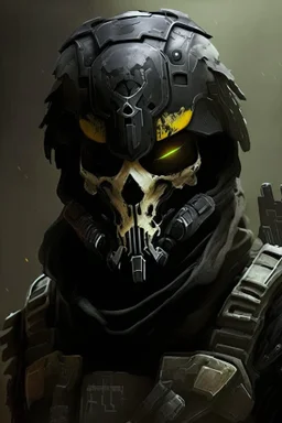 A soldier in the game Titan Fall 2 , he wears a BLACK skull helmet that covers his face, the helmet looks like a skull and is black, he is a rifleman, and his callsign is Titan. His colors are black and dark olive