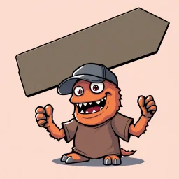 cartoon monster wearing a ballcap and T-shirt holding an arrow sign overhead, on solid color background