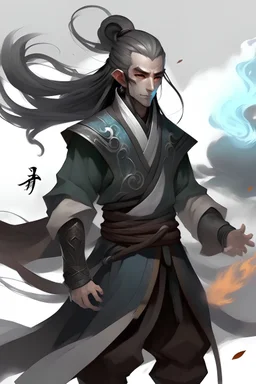 A young Air genasi from dnd with ashesen skin and asian flowing hair herematerial smoke Monk attire with ash giant Black Smoke Some hair Which Moke around him Ashes skin