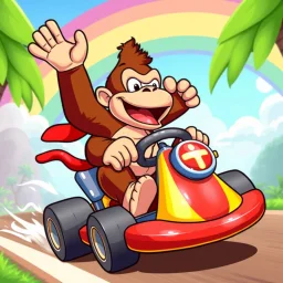 vector Cartoon Donkey Kong riding a rainbow in a kart