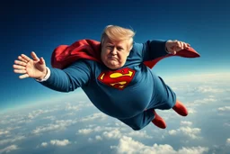 a thoroughly confused, frail, elderly and obese donald trump flying through the air dressed as superman