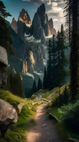 Thousands of craggy peaks compete for beauty, forming a tapestry of picturesque mountains, while an ancient path winds its way through the forest and along the stone pathway.