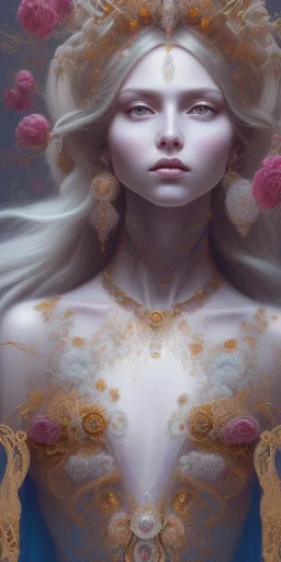 ultradetailed beautiful portrait painting of love Aphordite with long flowing white hair and sharp piercing gaze of blue eyes, alluring beauty, wearing jewels, roses, ultra ornate, gold leaf deatils, wearing white dress, by conrad roset, greg rutkowski and artgerm, trending on artstation