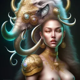 ssango fantasy, fantasy magic, intricate, sharp focus, illustration, highly detailed, digital painting, concept art, matte, artgerm and paul lewin and kehinde wiley, masterpiece silver elephant head bronze Asian African girl nice breast Hawaiian hair turquoise golden waves