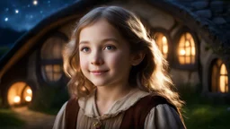 little young hobbit girl, beautiful, confident, calm, wise, happy, innocent, facing camera, head and shoulders, hobbit clothing, perfect eyes, LOTR village, hobbit homes with circular windows and round doors, night scene, stars, fireflies, 16k artistic photography, exquisite composition, photorealistic concept art, soft natural volumetric light, chiaroscuro, award-winning photograph, masterpiece, style William-Adolphe Bouguereau