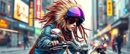 wall poster of transparent biker woman weasel rasta man with cute fur, in big cyberpunk city crossover, volume light and motion blur, airbrush and pen outline