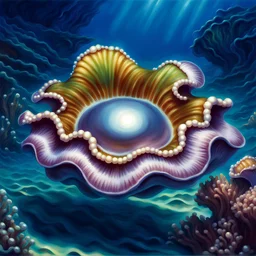 fantasy 90's tcg art of pearlescent giant clam with pearl