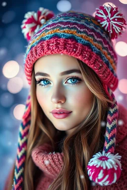 A dreamy winter beauty portrait with a model wearing a colorful knitted hat with whimsical long ears and pom-poms. The background glows with subtle icy bokeh lights, and snowflakes are softly scattered around. Her makeup is ethereal, featuring frosted white eyeliner and pastel blush. The lighting has a mix of soft blues and pinks to create a magical ambiance