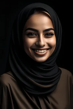 portrait of a light brown lady with a touch of make-up and a glossy lips, wearing hijab and abaya colored black, smiling and stand confedently.