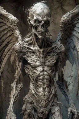 sculpture of a old manwith wings. decayed and rotting with grotesque proportions and imagery. abstract grotesqueries, detailed texture, surreal horror, biomechanical design, by hr giger and beksinski