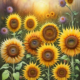 Watercolor patchwork painting of beautiful sunflowers growing against my wooden shed, greens, browns and yellow and orange, no signature no watermark, Patchwork by Meghan Duncanson and Jennifer Lommers and Didier Lourenço Modifiers: beautiful high detail fantastic view colourful watercolor patchwork alcohol ink Speedpaint