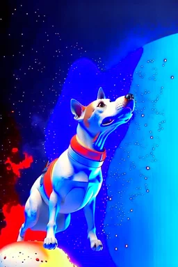 white and orange dog flies to the space with a rocket, in space, realistic, 4k, Cinematic,