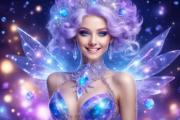 beautiful bright fairy cosmic women with cosmic hair, crystal jewel and dressed with a magic crystal suit. she has light make up and a sweety smile