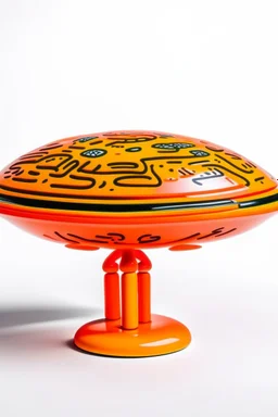 An orange colored electrical UFO made out of jelly painted by Keith Haring