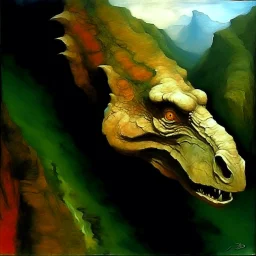 Dinosaur head oil painting. Leonor Fini