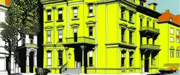 A yellow house in a metropolis in daylight painted by Andy Warhol