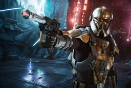 star wars bald male corellian pilot wearing pearlescent black and gunmetal grey First Order special forces heavy assault armor and helmet with gold trim inside the jedi temple, centered portrait, hyperdetailed, dynamic lighting, hyperdetailed background, 8k resolution, volumetric lighting, light skin, fully symmetric details