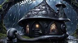 little dark witch fairy sleeps in her stunning lacy-onix gothic snail house, storm, rain, volumetric light, dark colors, rain drops, dark tendrils in background, fantasy, scifi, dark fantasy , dark stunning mood intricate details, beautifully shot, hyperrealistic, sharp focus, 64 megapixels, perfect composition