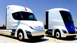 A Tesla semi-truck is parked, at the 'Plaza de la Constitución', in the city of Mexico. CINEMATIC. WIDE ANGLE LENS. PHOTO REAL.