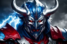 silver and crimson lightning demon knight, blue thundering horns, a silver mask that covers the lower face