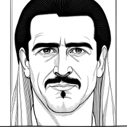 About drawing these features of a man's face Eyes: almond-shaped, medium-sized with defined eyelids and a direct and steady look. nose: a nose with prominent features, straight and with a slightly pointed tip, which can be described as a Roman nose. Mouth: Medium width with defined lips, neither too full nor too thin. Eyebrows: Naturally dense and curved, to match the shape of the face. Big Mustache: dense and arched following the shape of the upper lip.Chin and jaw: A prominent chin and defined