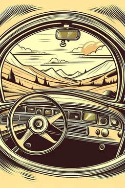 A vintage car phone with a curly cord, attached to the dashboard of a classic automobile. A scenic mountain highway stretches out in the background through the open window. Style: Retro travel, Mood: Adventurous, Lighting: Warm sunlight streaming through the window, T-shirt design graphic, vector, contour, white background.