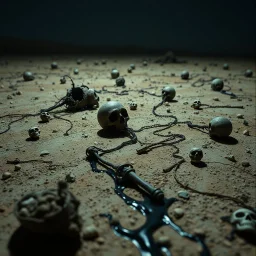 Photograph, spooky objects scattered over an arid surface, night, nothingness, spooky, close-up, in Yves Tanguy style, nightmare, highly hypermaximalist, ZBrush, details of the terrain very accentuated, 8k, deep 3d field, sharp, eerily mysterious, artistic photo, large format film, shot on Hasselblad, 33mm photography, mysterious, dark, rotten, macabre, streams of black liquid