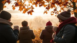 Autumn: falling leaves, Misty mornings, fog over distant fields or forests, sunshine; people wearing scarves, woolly hats, gloves, holding mugs of steaming hot drinks; chestnuts, acorns, berries, rowan, holly, mistletoe; birds migrating; squirrels gathering nuts; rabbits; beautiful colours, atmospheric. Award winning photograph.