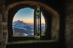 A castle window with a view of winter landscape where a dragon with green and yellow skin flies
