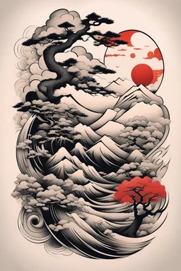 Create a captivating modern 2d Japanese tattoo design for print , using the elegant influences of japan art style, for print, dynamic elements from fashion and design, and bold Japanese art aesthetics, framing centered in the center, distanced from the edges of the paper perimeter, perfect anatomy, bauhaus, Divine Proportion,
