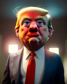 Waist up Portrait, Donald trump muppet, Wes Anderson style, photo studio, unreal engine 5, god lights, ray tracing, RTX, lumen lighting, ultra detail, volumetric lighting, 3d.