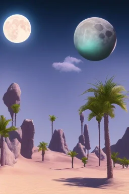 1980's aesthetic vaporwave palm trees with lighting with moon with audi in the desert sand