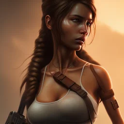 a Photorealistic lara croft, big breast, big eyelash, brown eyes, elegant, Artgerm, Beautiful dynamic,shadows,Artstation,concept design art,Octane render,8K